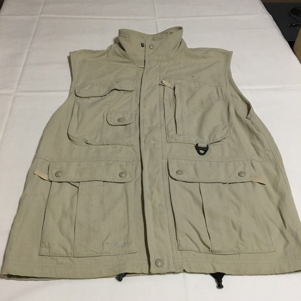 Columbia Utility Vest Mens Medium Beige Multi-Pocket Hiking Fishing